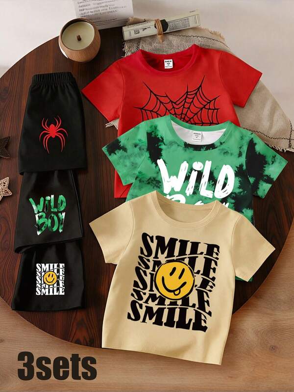 SHEIN GraphicGems Young Boys 6pcs Set: Spider Web Face Green & Black Tie-Dye Letter Short T-Shirt + Shorts