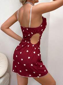 SHEIN Women's Sleepwear With Side Cutout Ruched Spaghetti Strap & Printed Design - Burgundy - View 2
