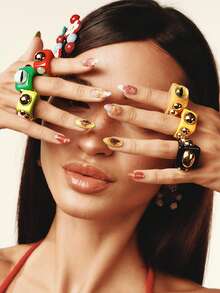 Popjeli 3 piezas 1 set de anillos cuadrados de resina personalizados con ojo de diablo, joyería de mujer de estilo punk de verano apilada y neutra, adecuada para fiestas y vacaciones - Multicolor - Ver 5