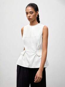 Maija White Round Neck Sleeveless Summer Fall Women's Top With Ruffle Hem Urban Business Casual Minimalist Elegant Basic Festival Golf Work Office Brunch - White - View 1