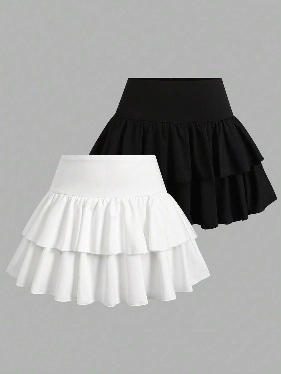 SHEIN Girlism 青少年女孩休閒運動學院風開學季黑色內建內搭褲雙層荷葉邊蛋糕迷你裙,春夏涼爽基本百搭日常運動時尚校服 - 黑與白 - 查看 1