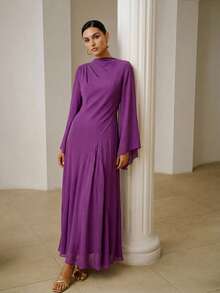 ZEYLAH Fitted Asymmetric Oversized Sleeve Long Dress, Spring - Purple - View 3