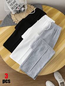 SHEIN 青少年男孩 3件/套 休閒舒適經典黑白灰寬鬆版型長褲套裝，買2送1，適合旅行、上學、休閒聚會，秋冬季節，開學季 - 彩色 - 查看 4