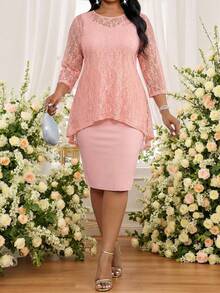 SHEIN Lady 大尺碼女款優雅蕾絲不對稱下擺上衣與鉛筆裙兩件套，適合春、夏、秋季 - 粉色 - 查看 4