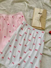 CottageSlumber Plus Size Women's Silk Lace Pajama Pants, Spliced Lace Bow Heart Print, 2pcs Shorts Set - Multicolor - View 7