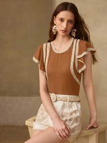 MOTF WOMEN'S SPRING/SUMMER PREMIUM CONTRAST TAPE TRIM FLUTTER SLEEVE ZIP BACK TOP - Rust Brown - View 5