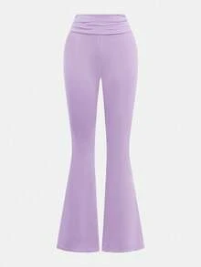 SHEIN Girlism 青少年女孩休閒日常修身淺藍色抓皺圓領上衣與腰部抓皺喇叭褲套裝 - 紫色 - 查看 7