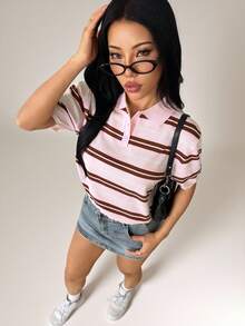 SHEIN PETITE 女款休閒條紋 Polo 領短袖針織上衣，春假外出穿搭可愛學院風短袖上衣，適合嬌小女性 - 粉色 - 查看 1
