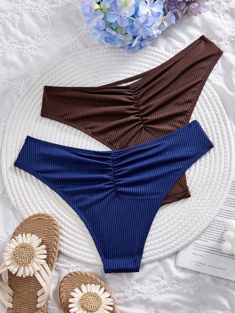 SHEIN Women's Solid Color Ruched Triangle Bikini Bottoms 2pcs Set, Suitable For Summer Vacation Beach - Multicolor - View 1