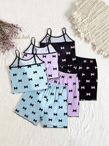 SHEIN 3-Piece Tween Girl Pajama Set Round Neck Sleeveless Spaghetti Strap Camisole Shorts Summer Black Pink Beige Bowknot Print Casual Homewear Loungewear Lightweight Breathable Polyester Smooth Fabric Lettuce Edge Wavy Trim Comfortable Relaxed Fit Stylish Modern Chic Sleepwear - Multicolor - View 2