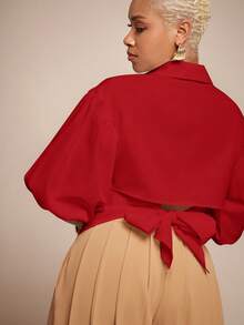 Vixey Solid Self Tie Back Collared Button Up Long Sleeve Top - Red - View 2
