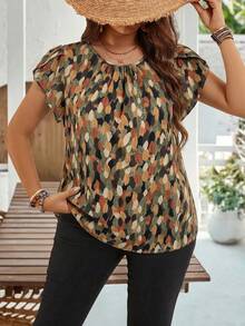 EMERY ROSE Plus Size Women's Early Spring Blue Petal Sleeve Tunic Blouse For Summer  Summer Spring Clothing Country Style For Women - Multicolor - View 1
