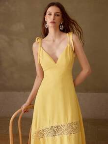 MOTF PREMIUM WOMEN'S CONTRAST LACE SPAGHETTI STRAP DRESS - Yellow - View 7