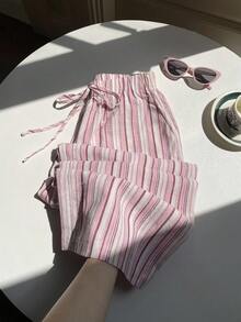 Comfortcana Plus Size Women's Spring/Summer New Casual Vacation Colorful Summer Striped Woven Pants, Drawstring Waist Adjustable Trousers, Suitable For Vacation, Outing, And Home Wear - Multicolor - View 4