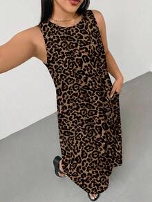 SHEIN Essnce Vacation Casual Retro Leopard Print Plus Size Women's Dress Suitable For Summer Sleeveless Dress - Multicolor - View 5