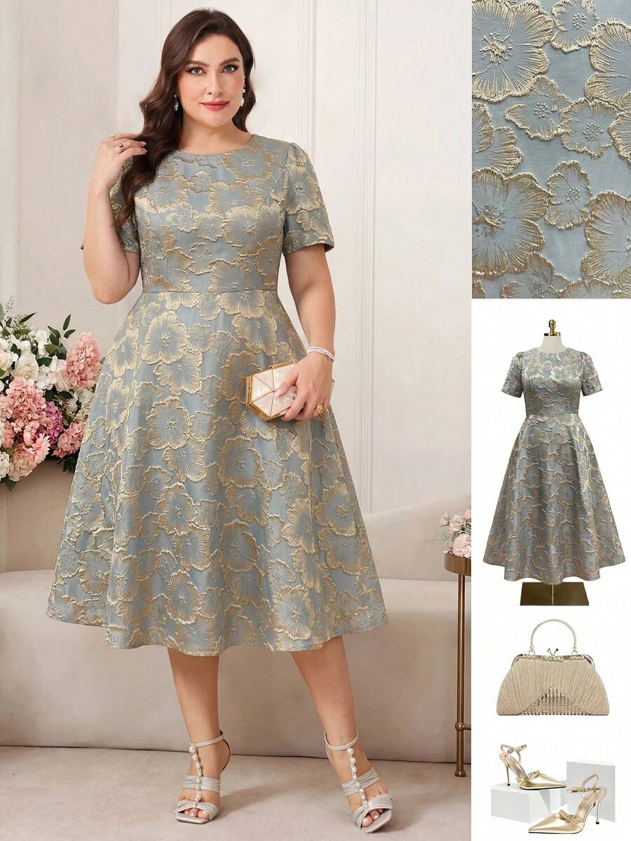Reflora Plus Size Women's Elegant Gold Summer Dresses,Short Sleeve Mid-Length Wedding Guest Wedding Dress,Formal Luxury Evening Party Attire For Ladies - Multicolor - View 1