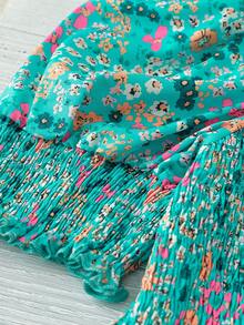 Linhara Square Neck Puff Sleeve Vintage Ditsy Floral Cinched Waist Plus Size Shirt - Green - View 4