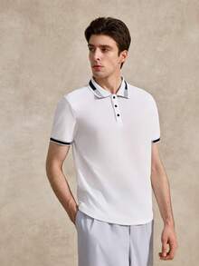 Courvante Men Striped Trim Collar Polo Shirt, For Work Your Tennis And Golf Boyfriend - White - View 1