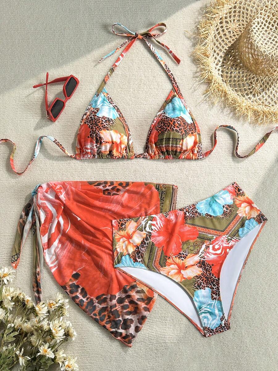 SHEIN CURVE+ 大码女式夏季休闲装,大码女式夏季套装,大码女式沐浴装,大码女式嘉年华装,度假沙滩装,大码女式泳池派对装,Island Degree 三件套女式度假印花吊带连衣裙,沙滩装 - 彩色 - 查看 1