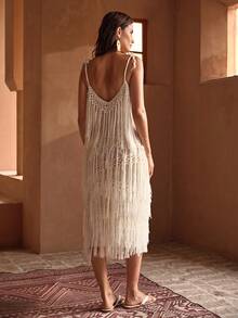 MOTF PREMIUM WOMEN'S EXQUISITE ELEGANT ASYMMETRICAL DESIGN HANDMADE WOVEN TASSEL STRAPS BEACH PARTY LONG COVER-UP DRESS - Apricot - View 3