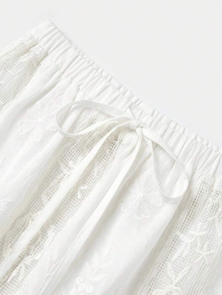 Floral Embroidered White Loose Fit Mini Skirt Boho Summer Holiday Casual Skirt