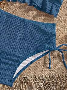 Swim Vcay Women's Beach Vacation Solid Color Textured Fabric Sweet Ruffle Drawstring Ruched High Waist Tank Bikini - Blue - View 5