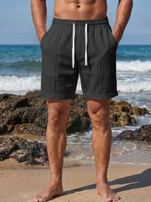VIVINTIMO Pantalones cortos casuales versátiles de unicolor para hombres, vacaciones - Negro - Ver 5