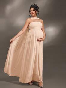 Cheriluna Maternity 聖誕派對洋裝/優雅派對洋裝/嬰兒洗禮派對洋裝 荷葉邊細節 素色 露肩 優雅 無袖 孕婦拍照套裝 - 珊瑚粉 - 查看 7