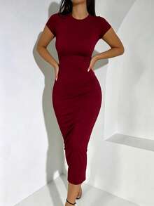 INAWLY Solva Women's Solid Color Sexy Fitted Round Neck Elegant Dress - Burgundy - View 3