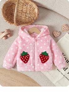 SHEIN Baby Girl Cute Solid Color Polka Dot Strawberry Pattern Hooded Thick Jacket For Fall/Winter - Pink - View 3