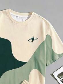 Sorvial Men's Wave Print T-Shirt And Shorts Casual Set, Suitable For Summer - Green - View 5
