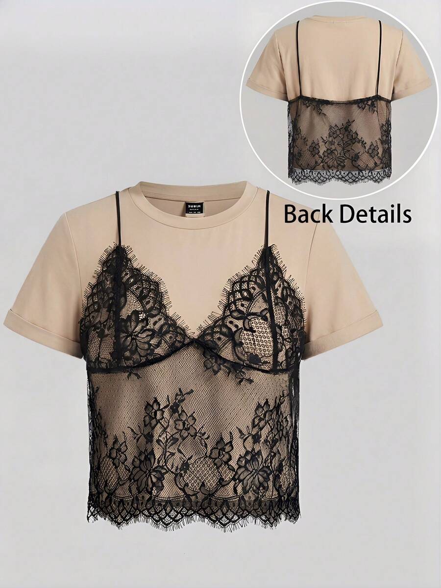 SHEIN Tall CURVE Áo thun tay ngắn cổ tròn phối ren trắng cỡ lớn mùa hè (2 trong 1) - Màu be - Xem 1