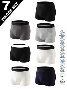 7pcs/Set Boys' Simple Black Fashionable Boxer Briefs, Comfortable For All Seasons - Black and White - View 1