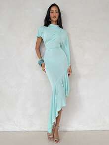 Aloruh Women's Sexy Romantic Elegant Draped Ruffle Trim Asymmetric Hem Bodycon Dress Party Mint Green Summer - Blue - View 5