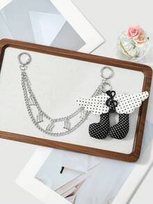 ROMWE Anime 1 Korean Simple Black And White Polka Dot Wing Sound Symbol Silver Note Handmade Chain DIY Keychain Bag Pendant, Women's Daily Wear Holiday Gifts - Black and White - View 8