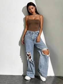 GENKIRA Áo liền quần chặt màu trơn Gợi cảm - màu nâu - Xem 3
