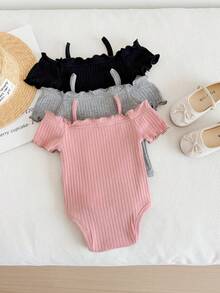 SHEIN LMoss Kids 3件套新生女宝宝休闲可爱简约纯色露肩短袖连体衣套装 - 淺灰色 - 查看 2