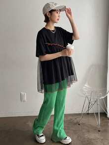 FRIFUL Women's Fashion Versatile Contrast Color Mesh Splice Short Sleeve T-Shirt Summer - Black - View 3