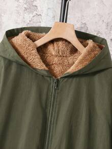 SHEIN 青少年男孩休閒舒適百搭保暖內裡連帽加厚冬秋外套 - 軍綠色 - 查看 4