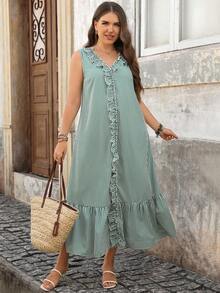 Lacomfia Sleeveless V-Neck Ruffle Trim Green Dress, Plus Size Casual Loose Fit Holiday Vacation Summer - Green - View 3