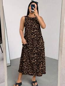 SHEIN Essnce Vacation Casual Retro Leopard Print Plus Size Women's Dress Suitable For Summer Sleeveless Dress - Multicolor - View 6