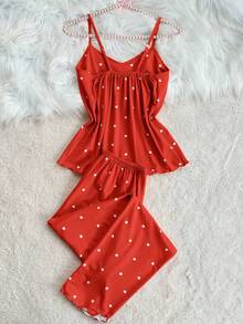 SHEIN Set 2 Potong: Kamisol dan Celana Piyama Motif Polkadot dengan Tepi Bergelombang - Merah - View 2