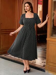 SHEIN Clasi Plus Size Women's Fashion Midi Dress, Hot-Selling Polka Dot Fabric, Fashionable Elegant Plus Size Women's Midi Dress - Multicolor - View 6