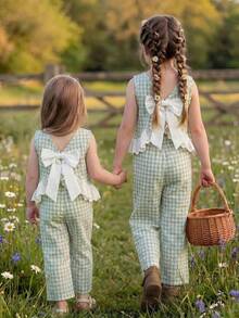 Emery Rose Kids Emery Rose Kids 少女編織格紋圓領休閒背心與長褲2件組 - 綠色 - 查看 9