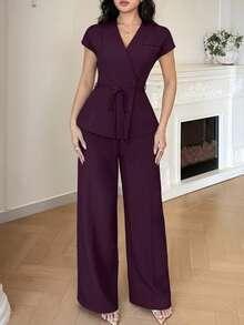 Feyla New Korean Style Cap Sleeve Slimming Cinched Waist Elegant Commuter Office Versatile Daily Set Dark Purple Summer - Red Violet - View 3