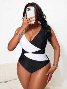 Slaydiva Plus Size Women's One-Piece Colorblock Spaghetti Strap Beach Vacation Bikini Swimsuit White Summer Sexy - Multicolor - View 3