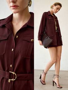 MOTF PREMIUM WOMEN'S FASHIONABLE MINIMALIST UTILITY JACKET WITH BELT - Brown - View 2