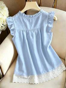 GlowEve Casual Cute Lace Patchwork Hem & Flutter Sleeve Solid Color Blouse For Women, Blue - Baby Blue - View 2