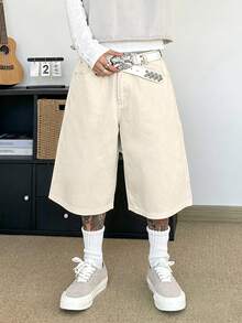 STEELVANCE Quần short denim ống đứng phong cách streetwear tối giản, thêu chữ và hoa họa tiết West Coast, thiết kế ngách hip-hop casual đa năng mặc hàng ngày - Màu be - Xem 4
