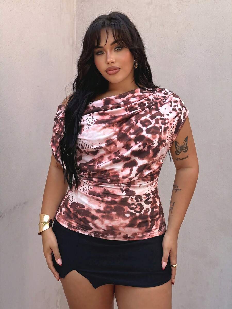 Rustia Plus Size Spring/Summer Minimalist Sexy Polka Dot Ruffle Neck Sleeveless T-Shirt Party Hot Pink - Multicolor - View 1